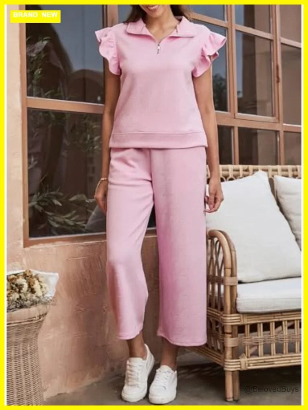 V Neck Ruffle Short Sleeve Polo Quarter Zip Pullover Lounge Set
